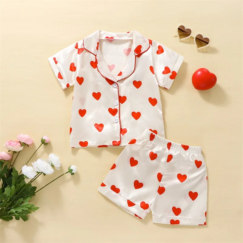 

EWODOS Kids Girls Summer Pajama Sets Heart Print Turn-Down Collar Short Sleeve Tops + Elastic Waist Shorts 2Pcs Suit Outfits Set