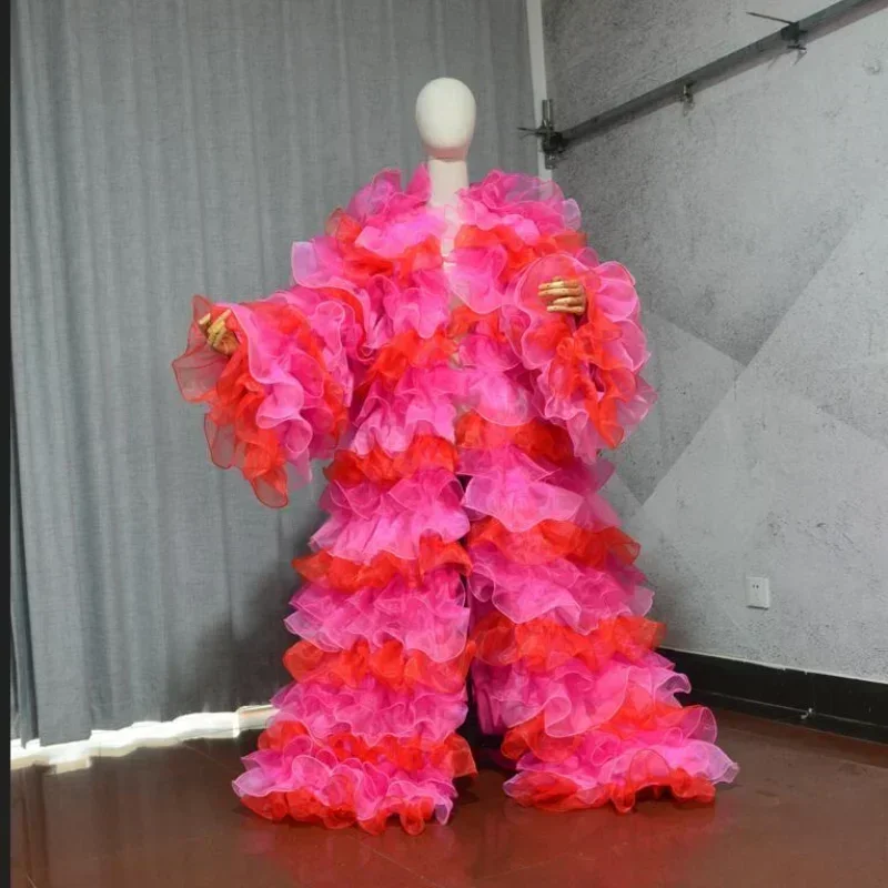 Jaqueta de organza de camadas longas para mulheres, mangas