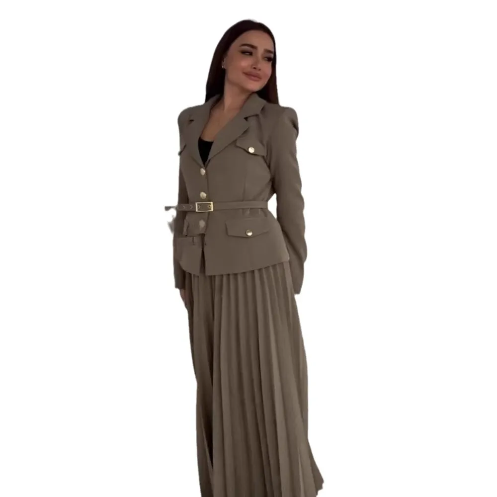 Pleated Skirt Piece Set Women Blazer Coat Long Skirts Suit Belt