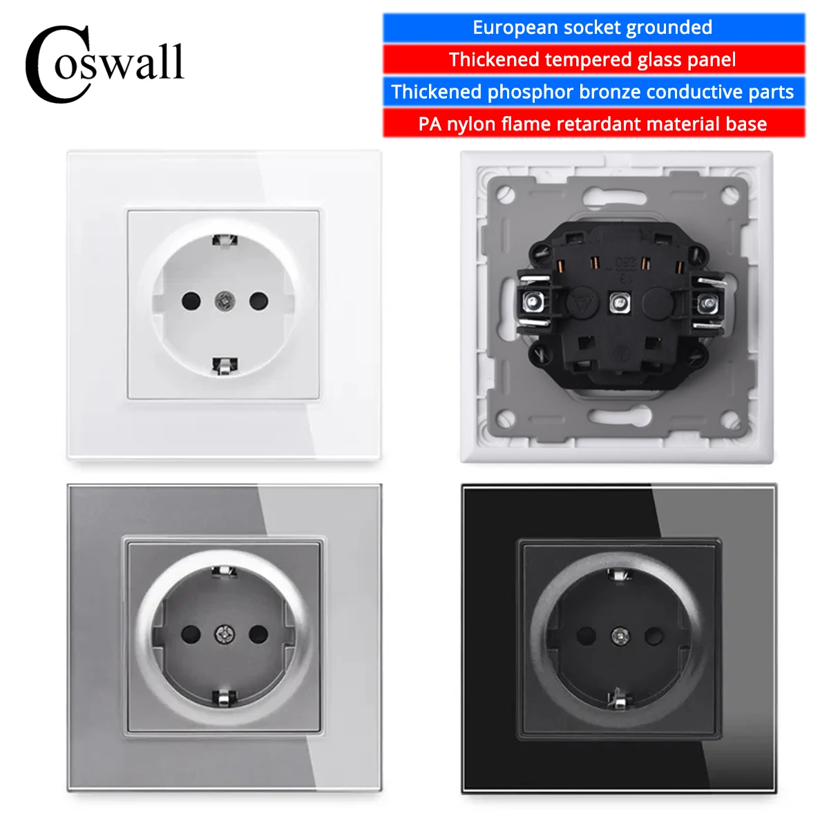 COSWALL Wall Socket HG Series, glass panel white black grey gold EU Russia Spain standard Schuko grounded with claws