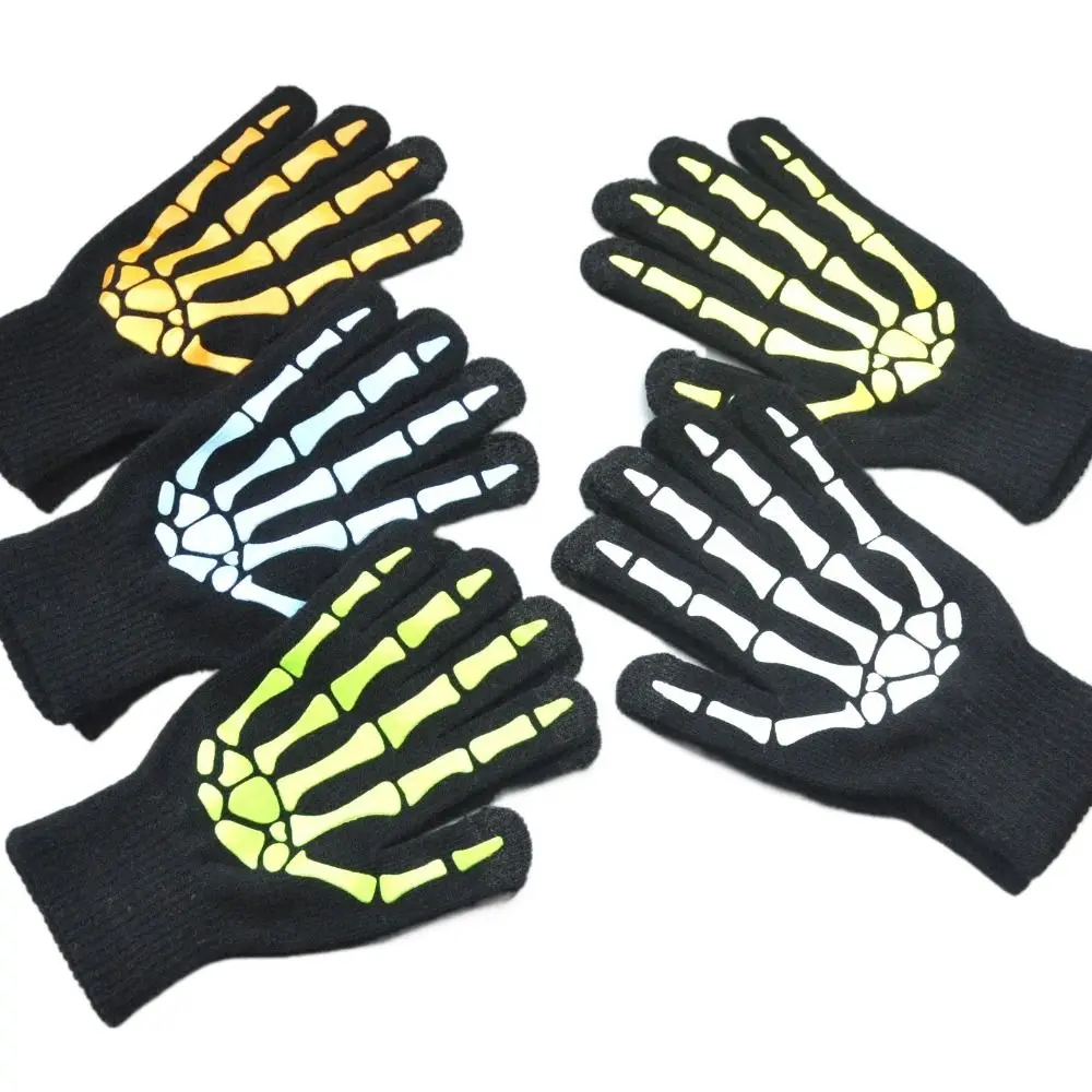 Full Finger Gloves Full Finger Halloween Gloves Thicken Windproof Luminous Skeleton Claw Gloves Cosplay Prop Glowing Skeleton Goth Mittens