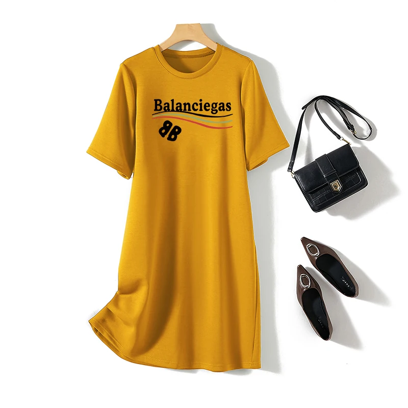 Women Clothing Short Sleeve Dresses Summer Basic O-neck Cotton Letter Printed Tunic Casual Loose Comfortable Straight Dresses 2