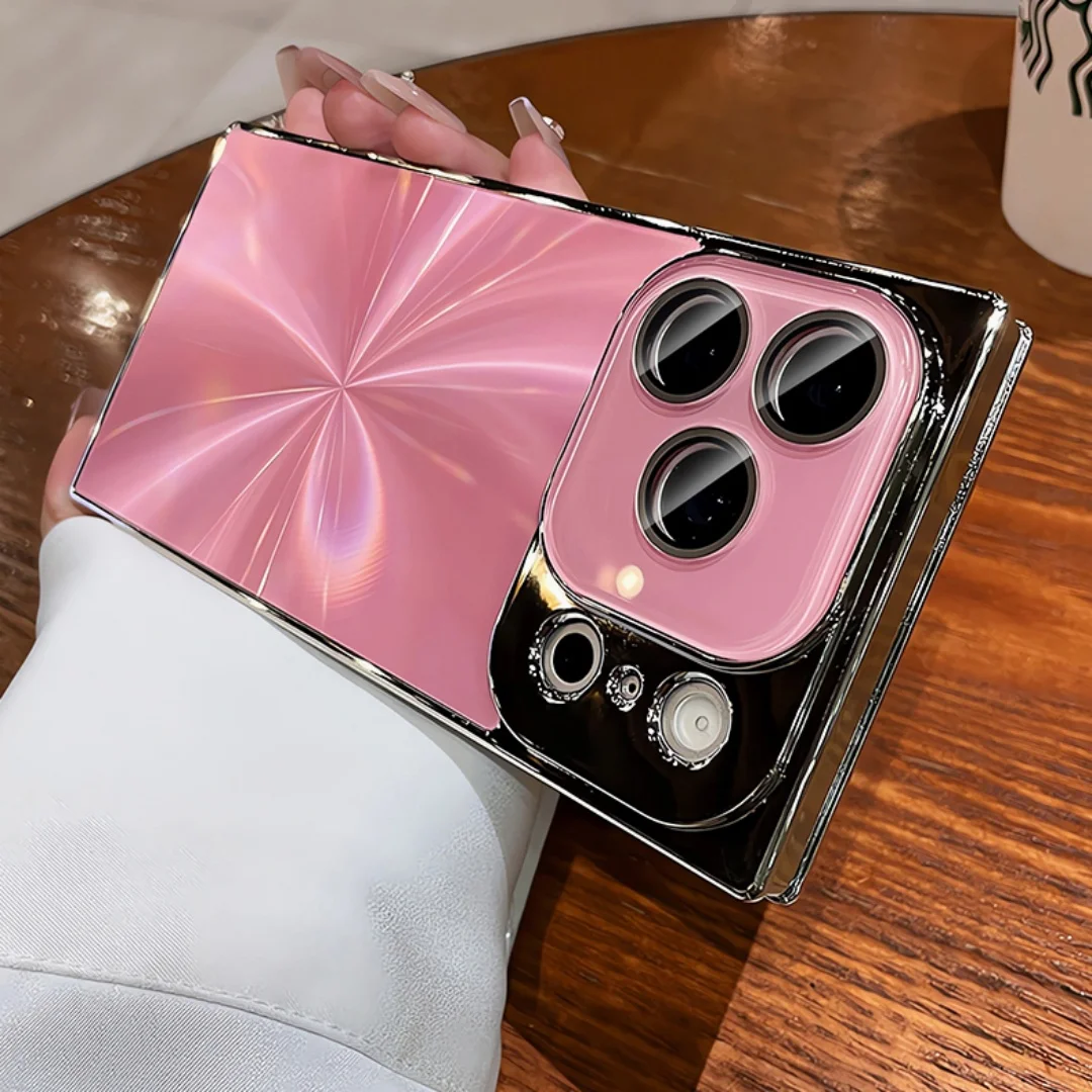 Luxury Plating CD Texture Square Armor Phone Case with Crystal Lens Glass and Shockproof Cover