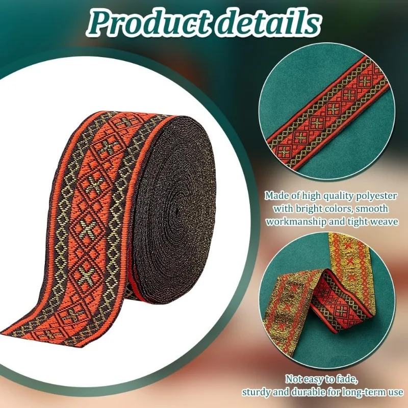 Jacquard Ribbon Geometric Woven Trim Ethnic Ribbon 7.6 Yards 1.3 Inch/ 3.3cm Red Embroidered Jacquard Braid Trim