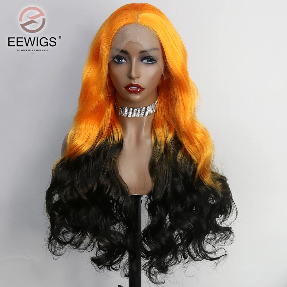 

Body Wave Synthetic Ombre Orange Black Colored 30 Inch Glueless 13X4 Transparent Lace Front Drag Queen Wigs For Women Preplucked