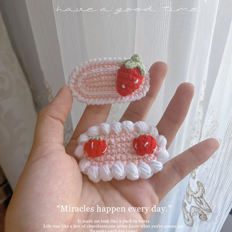 1 Pcs Handmade Wool Knitting Strawberry Vintage  Hairpin Children Crochet Hair Accessories Girl Trim Clip Sakura Pink 3