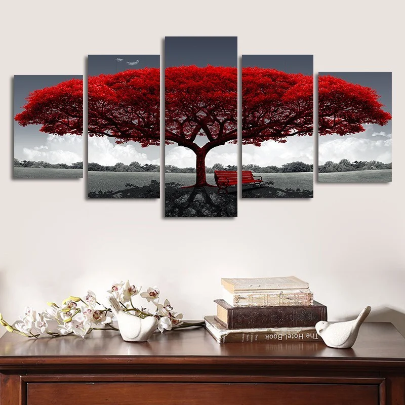 5Pcs/Set Modern Red Lucky Tree Wall Art Canvas Posters Unframed for Living Room Home Decor 6
