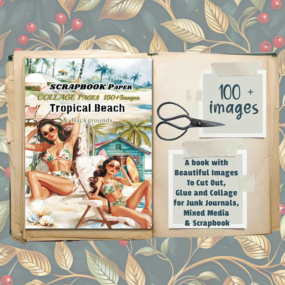 JAIIMAN 18sheets(150+images) Non Self-adhesive Tropical Beach DIY Trimmable Scrapbook Book With 2 Dot Stickers,for Arts Crafts