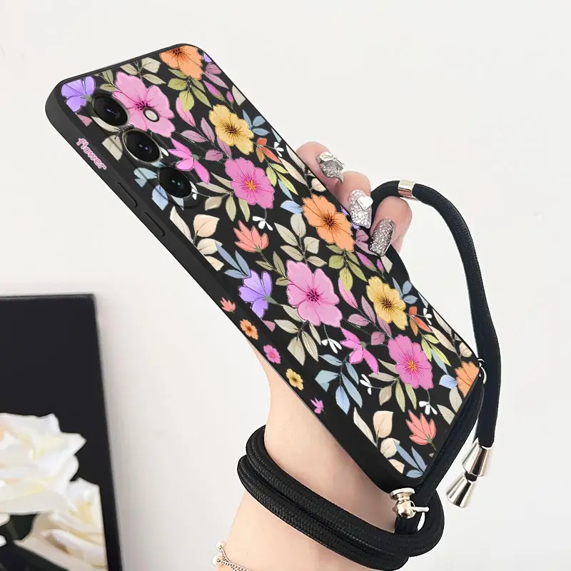 Purple Floral Lanyard Silicone Phone Case Cover