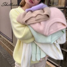 Shellsuning Casual Solid Cashmere Knitted Pullover Women Loose Warm Long Sleeve Elegant Jumper Lady Simple O-neck Trendy Sweater