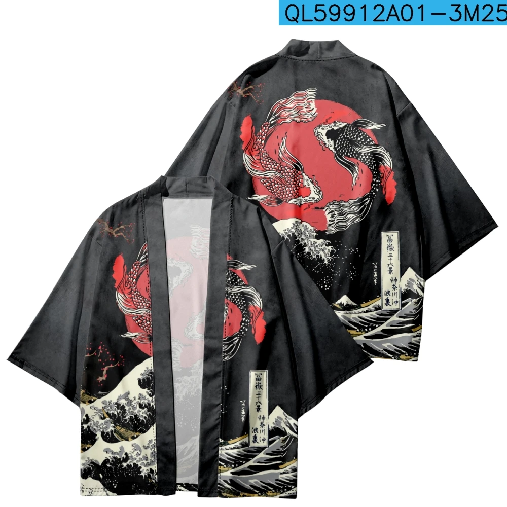 

Летнее свободное японское кимоно укиё-э, уличная одежда, кардиган с принтом в виде карпа с волнами, модный халат для женщин и мужчин, хаори, юката