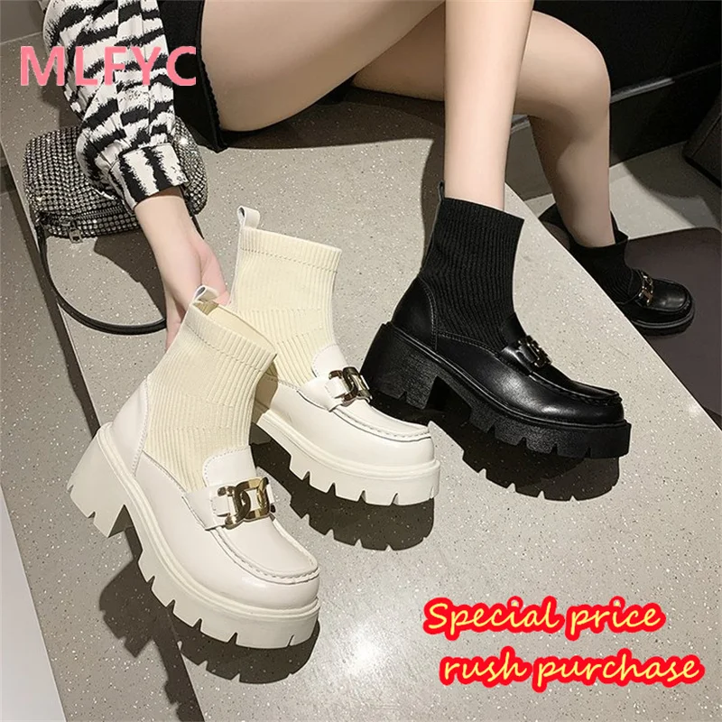 Thick Sole Small Leather Shoes for Women's Boots 2023 New Lefu Footwear Boots Autumn and Winter Single Shoe Socks Elastic Boots