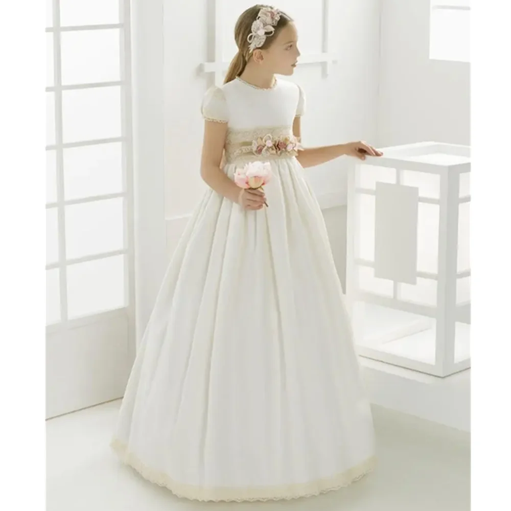 Flower Girl Dresses Pageant First Communion White Satin Lace Empire For Weddings Girls