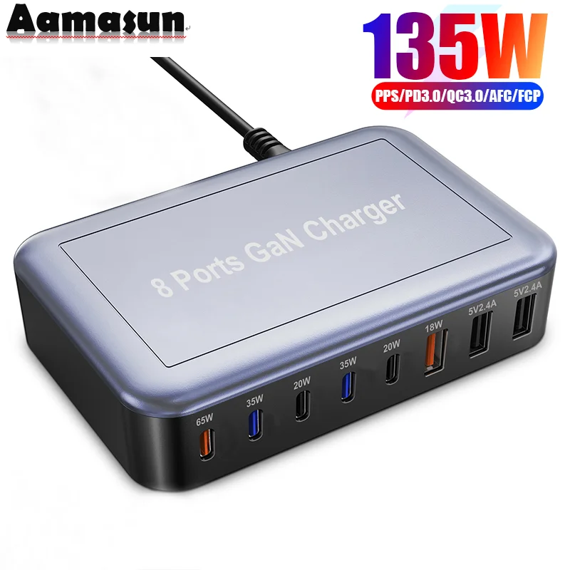 

GaN 135W Fast Charger 8-Port USB C Charging Power Station with 65W 35W PD3.0, 18W QC3.0 for MacBook Pro iPhone 14 Samsung