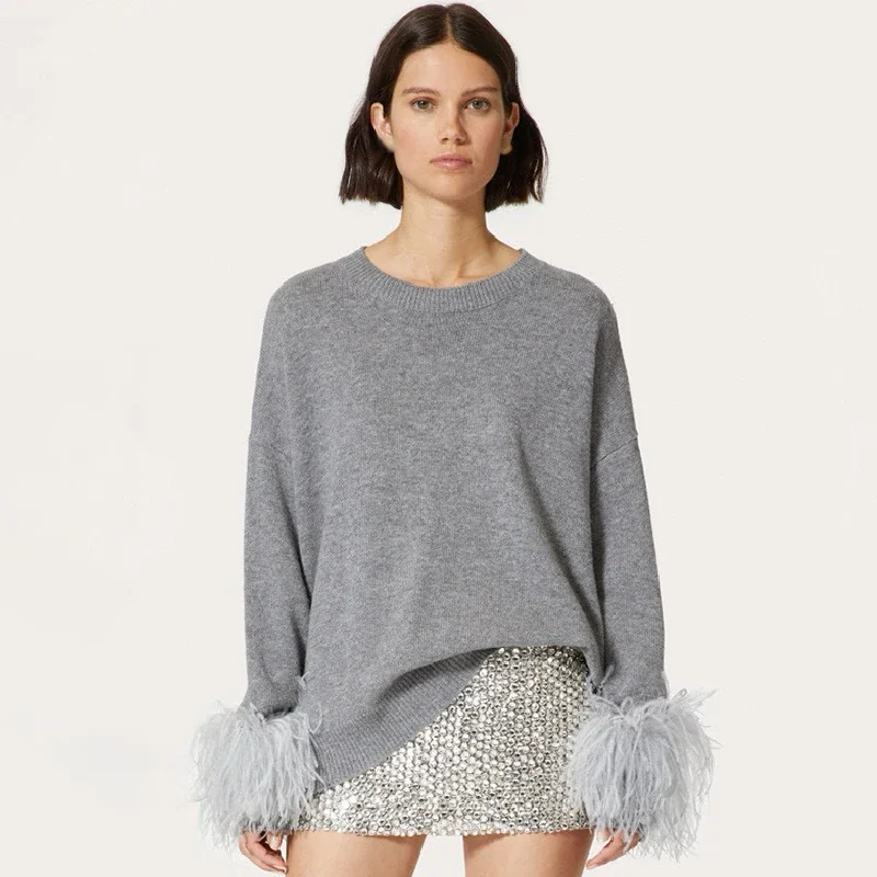 

NIGO Women's Autumn And Winter Feather Cuff Knit Gray Round Neck Pullover Long Sleeve Sweater Ngvp #nigo7348