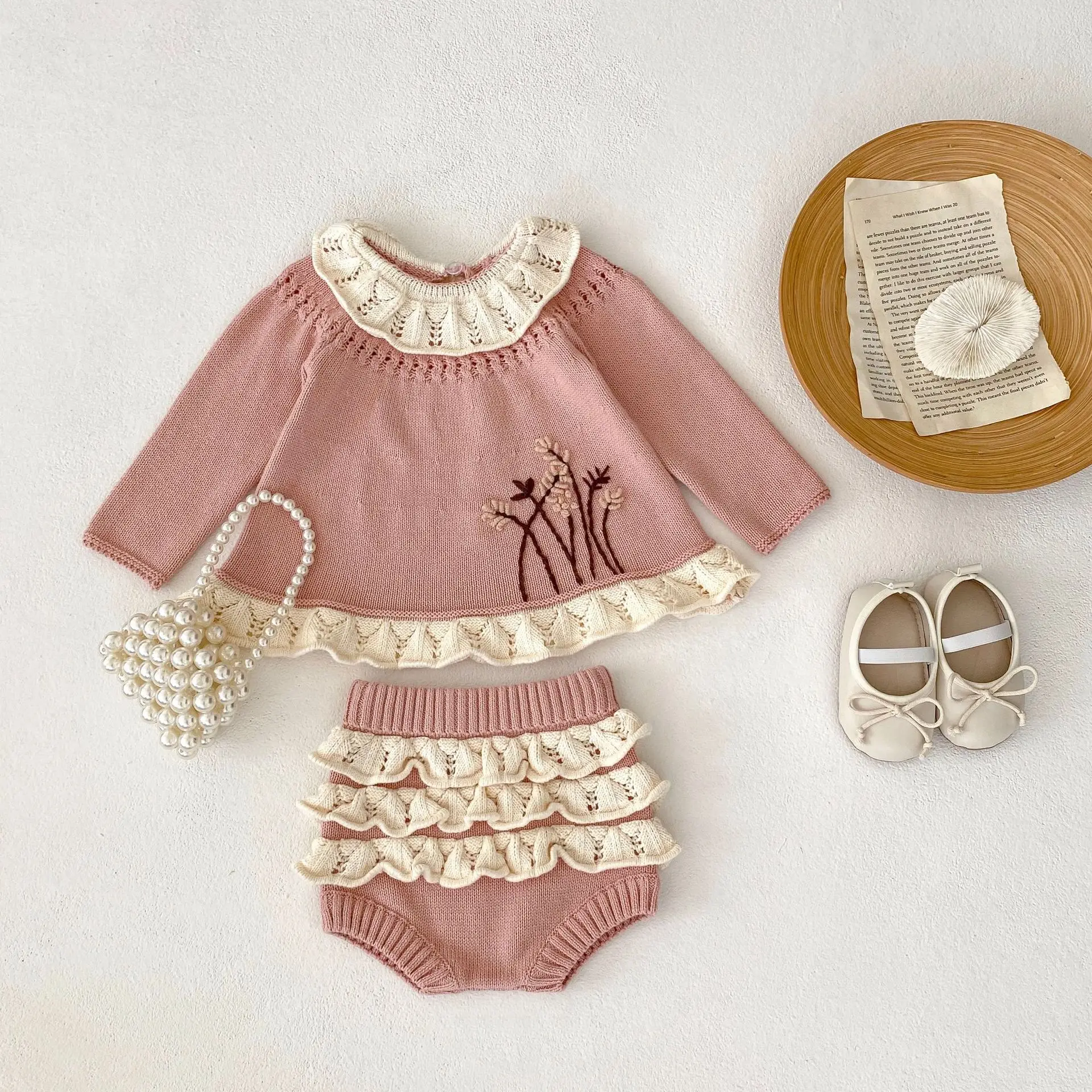 

Autumn New Kids Sweater Sets Baby Girls Clothes Suit Newborn Infant Ruffle Collar Knitted Sweater +Knitwear Shorts Girls Outfits