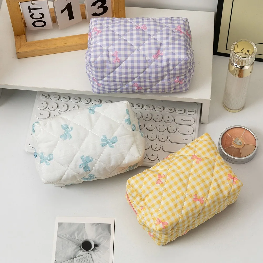 Women's Cosmetic Bags Bow Quilting Cotton Makeup Bag Women Zipper Cosmetic Organizer Portable Toiletry Handbag 2