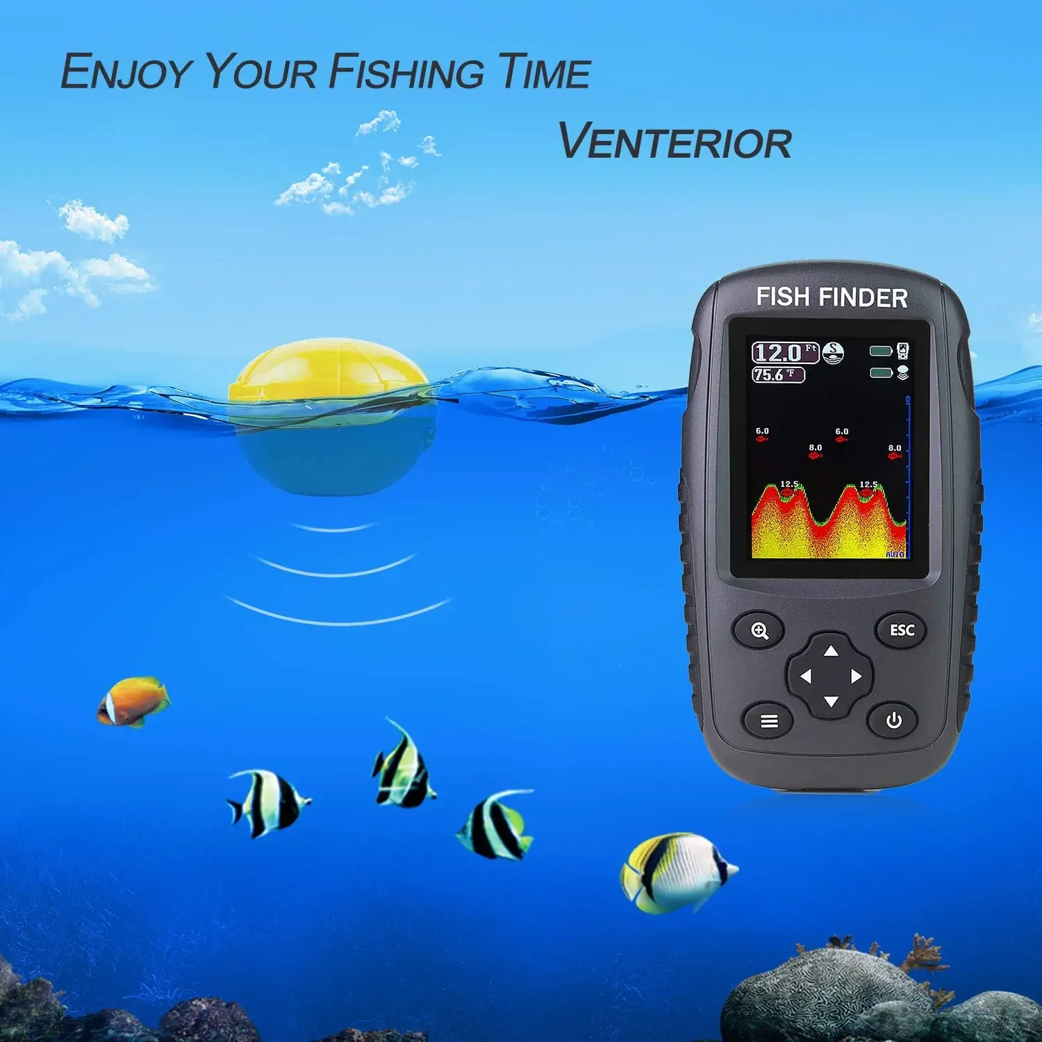 Matsutec GF-610 Portable Rechargeable Fish Finder Wireless Sonar Sensor Fishfinder Depth Locator with Fish Size