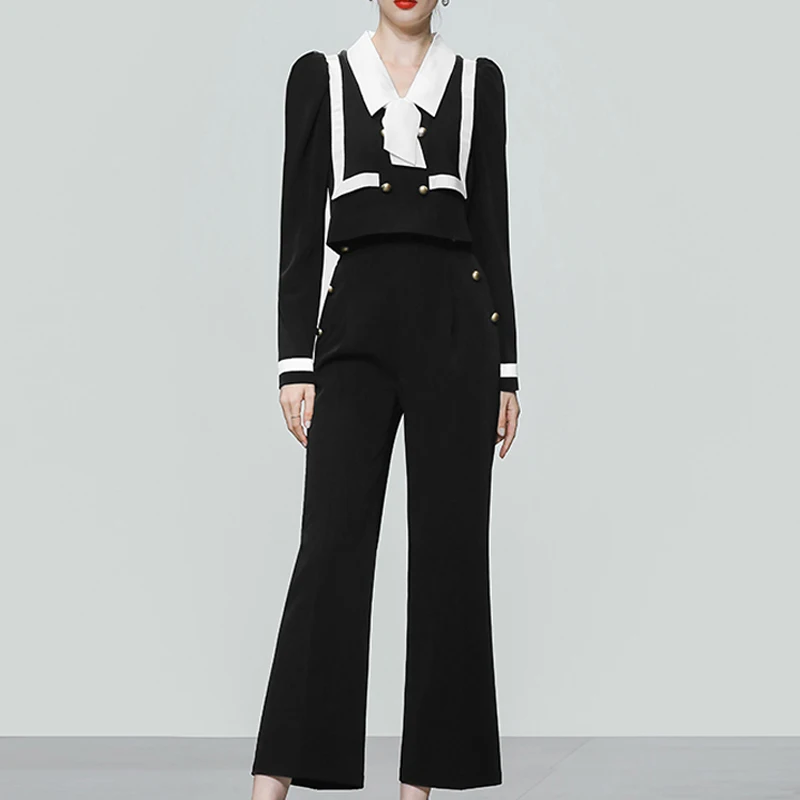 

2023 New Spring Ladies Office Two Piece Set For Women Sailor Collar Golden Button Short Work Tops + Wide Leg Ankle-Length Pants