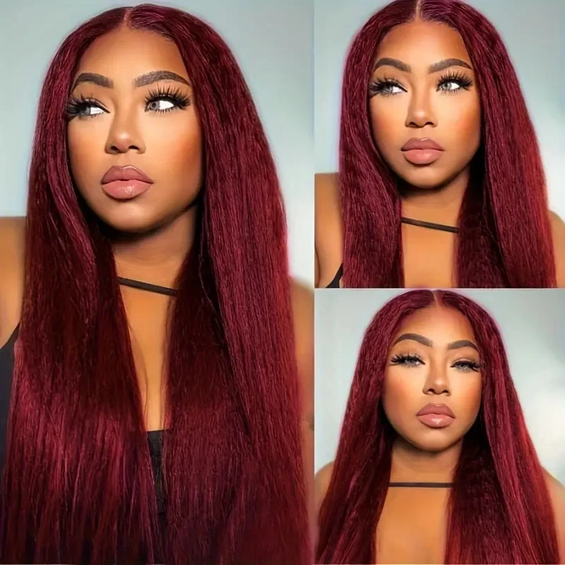 Burgundy Yaki Straight Wig Pre Plucked With Baby Hair 13x4 Lace Front Wigs Human Hair 99J Color Kinky Straight Human Wig