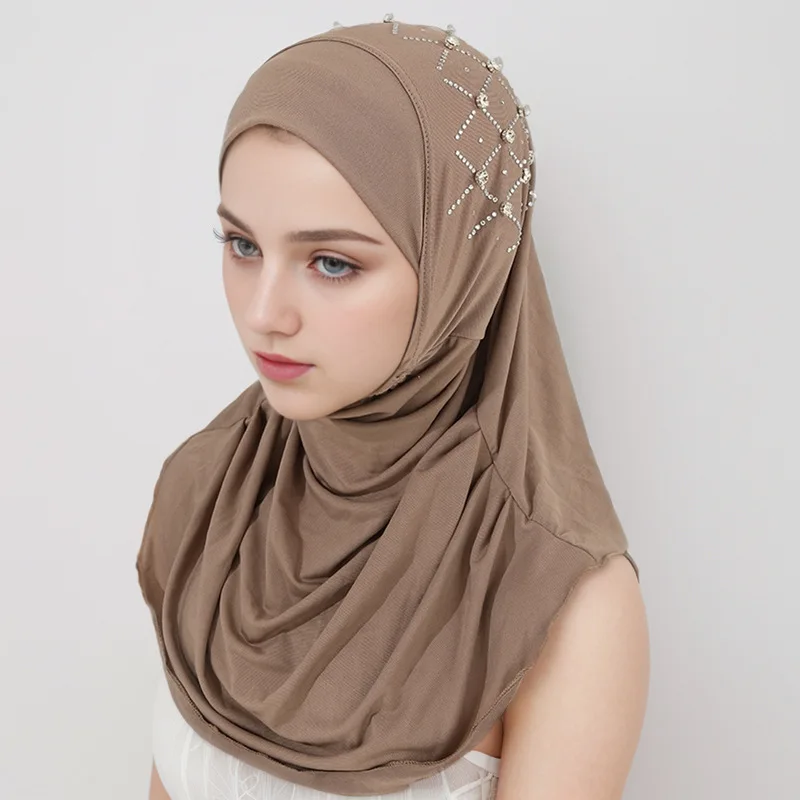 

Full Cover Women Girls Hijab Instant Scarf Muslim Diamonds Headscarf Turban Plain One Piece Amira Wrap Rull On Ready Shawls Cap