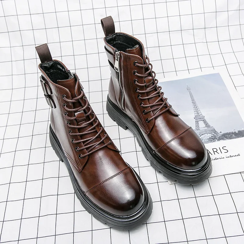 Mens Leather Boots Motorcycle Leather Boots Winter Boots Fashion Brown Leather Men's High Boots Motorcycle Men Outdoor Thick Bottom Round Head Waterproof Ankle