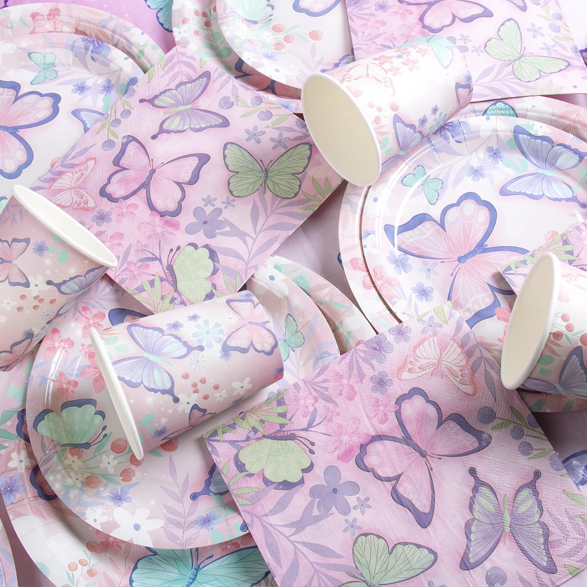 Butterfly Party Tableware Set - Disposable Plates Napkins Cups  Tablecloth for Baby Shower  Birthday