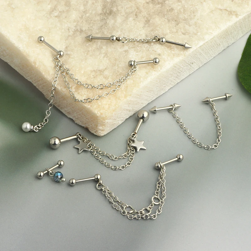 Stainless Steel Double Hole Chains Cartilage Back Stud Earring Ear Women Punk Hip Hop Helix Personality Piercing Jewelry Wholesa