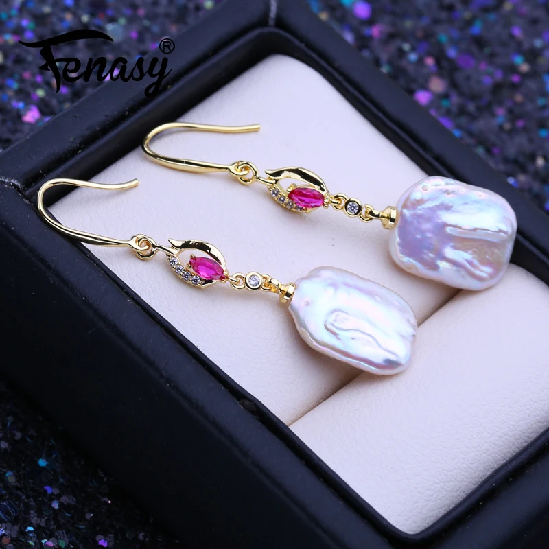 FENASY Natural Freshwater Big Baroque Pearl Drop Earrings For Women 18K Gold Plated Fashion Red Gemstone Jewelry Birthday Gift