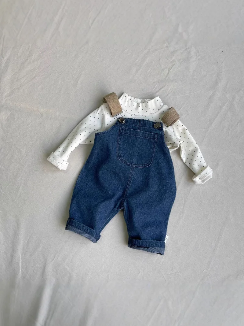2025 Spring New Baby Fashion Denim Overalls Infant Boy Loose Strap Trousers Girls Solid Versatile Casual Pants Toddler Jeans