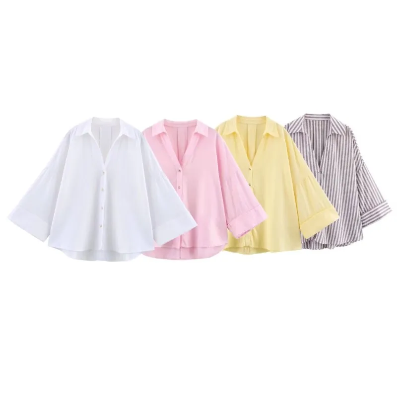 HipSeam Wide Sleeved Shirt Women Spring Asymmetric Hem Button Women’s Shirts Simple Lady Johnny Collar Linen Shirts & Blouses
