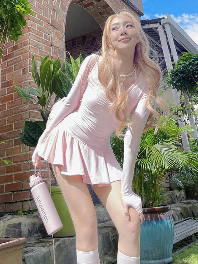 

2024 Women's Solid Mini Dress Korean Sexy Long Sleeve Halter Lace-up Slim Dresses A-line Midnight Party Vestidos Streetwear