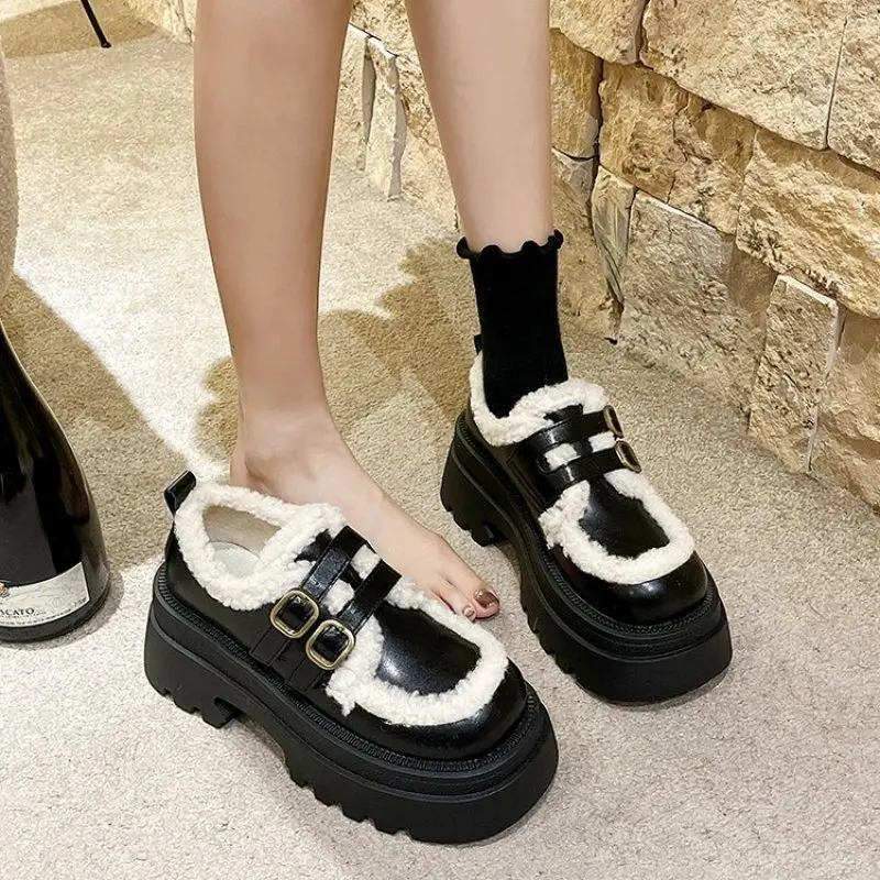 Ankle Flats Platform Fur Loafers Women Shoes Short Plush Warm Casual Boots 2024 Winter New Trend Fashion English Style comfort