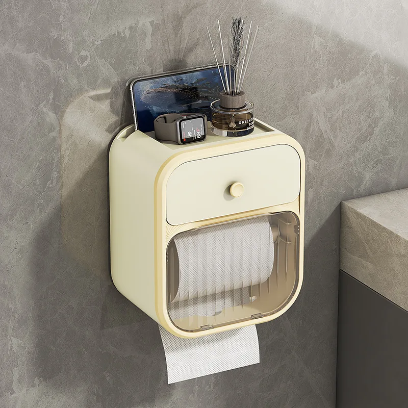 Toilet paper holder wall mounted suction box without punching roll paper box waterproof double-layer toilet storage rack