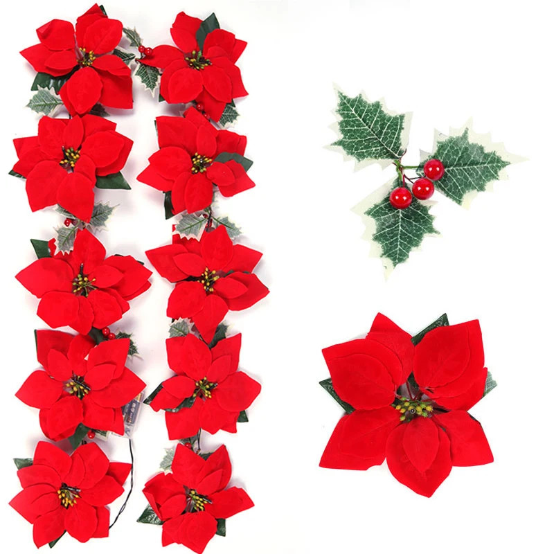Christmas Poinsettia Garland Artificial Flower Xmas String Light Outdoor Holiday Decor Battery-operated New Year's Decorations
