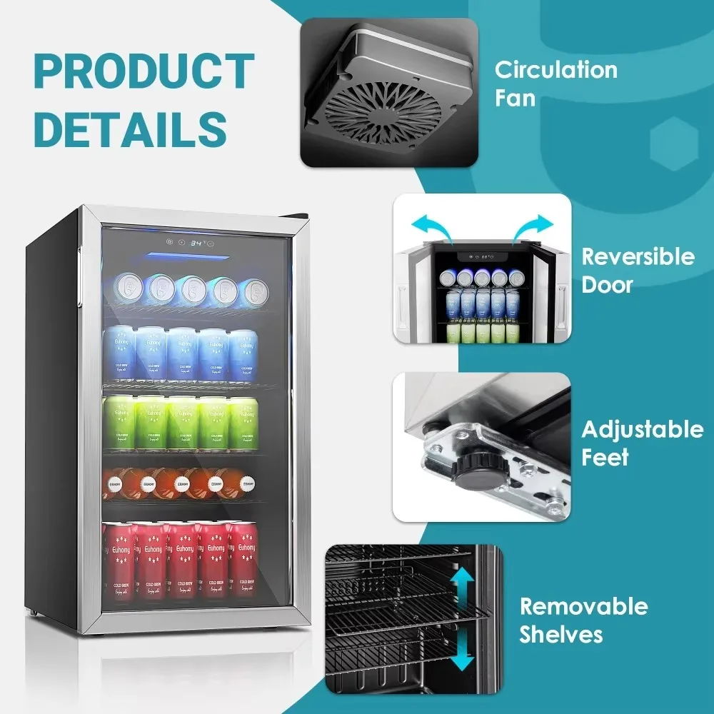 Beverage Refrigerator and Cooler, 126 Can Mini Fridge with Glass Door, Small Refrigerator with Adjustable Shelves 5