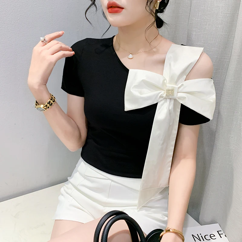 

Summer Korean Style Cotton Tshirts Women Fashion Big Bow Off Shoulder Skew Collar Chic T Shirts Irregular Tops Short Sleeve Tee