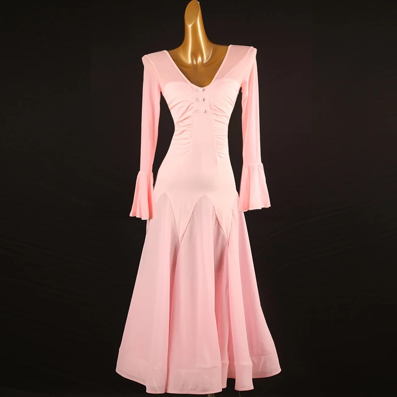 

Ballroom Dance Competition Clothing For Women Pink Long Sleeved Big Swing Skirts Performance Dress Modern Dance Wear DQL9070