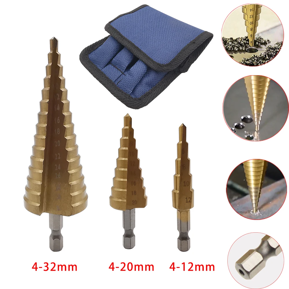 

Сверла ступенчатые из быстрорежущей стали с титановым покрытием, ступенчатые конические насадки для дрели, металла, 4-12 мм, 4-20 мм, 4-32 мм, 3 шт.