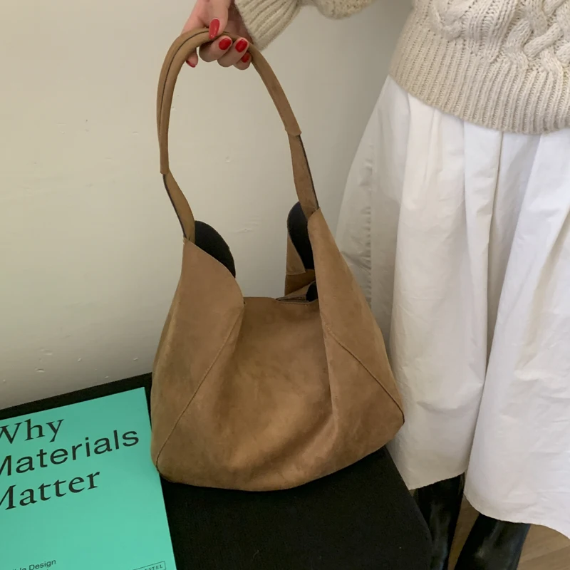 Retro Faux Suede Tote Bag Solid Color Outdoor Travel Bag Vintage Casual Commuter Bag for Girls Woman Birthday Gifts