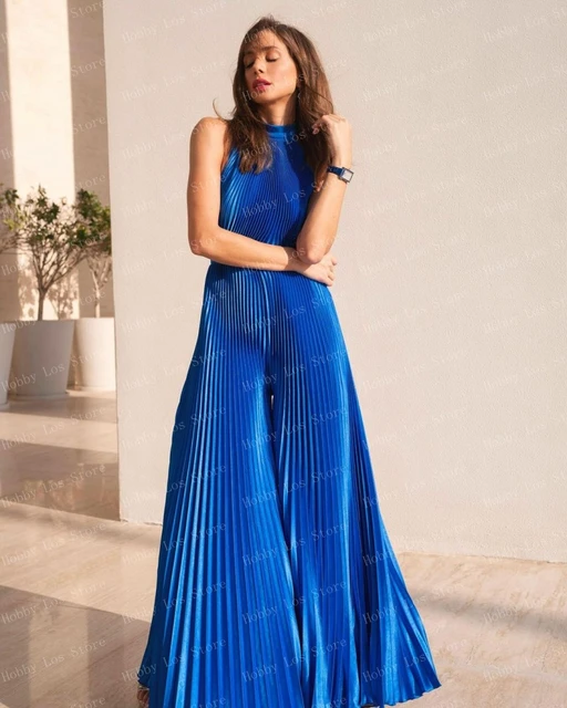 Halter Sleevess Jumpsuit Royal Blue Folds Baggy Blue Trousers With Zipper Floor  Length Woman Clothes Custom Made Women Jumpsuits - AliExpress