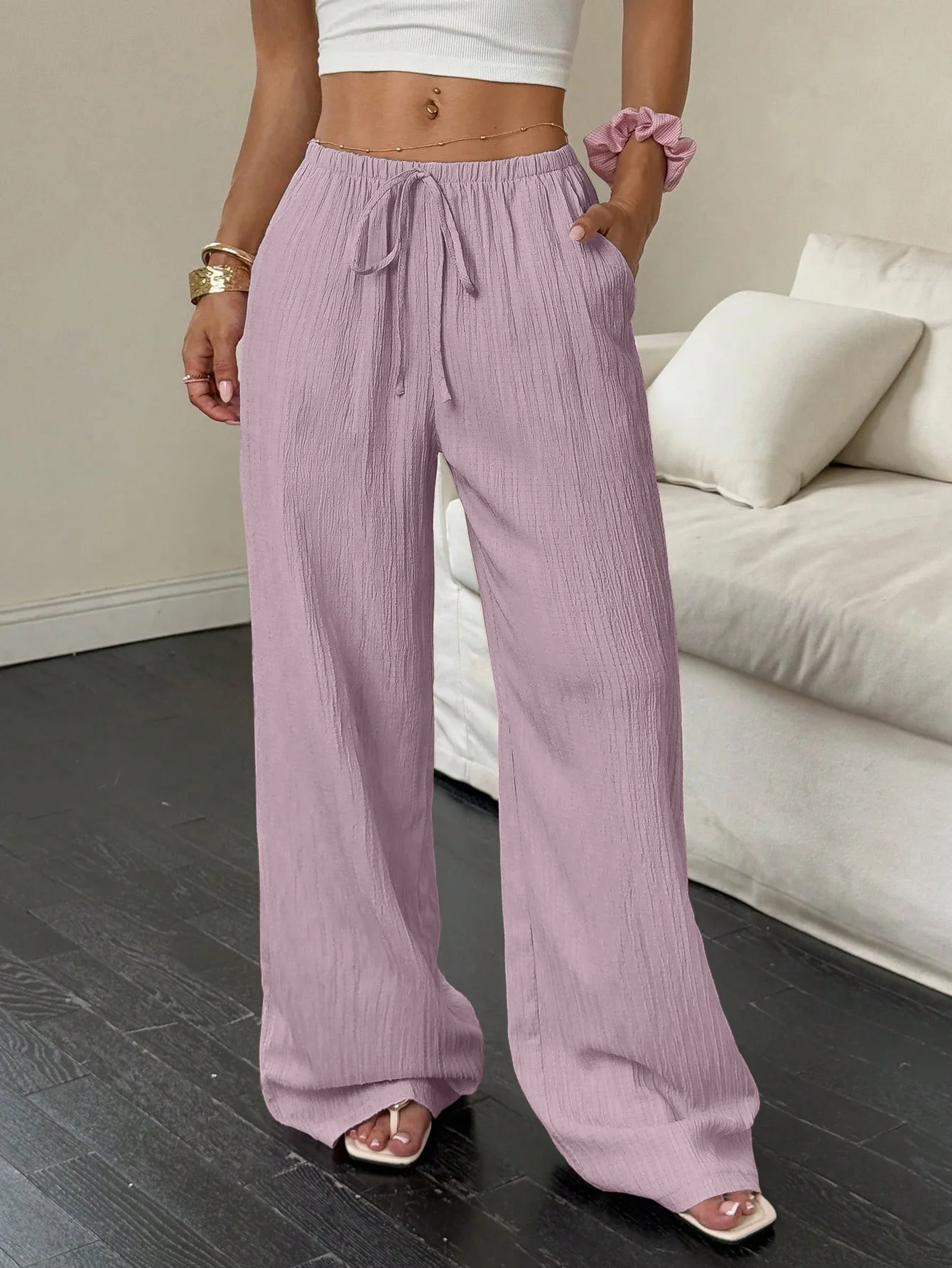 Women's Wide-Leg Cotton-Linen Blend Casual Floor-Length Pants Relaxed-Fit Drawstring Trousers for Home & Strolls