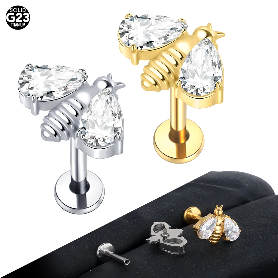 

1pcs G23 Titanium Bee Shape Studs Earring Gold Color Monore Labret Piercing Tragus HelixTragus Piercings Jewelry for Women