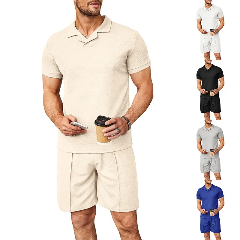 2023 Men's Summer New Waffle V-neck Polo Shirt Lapel Short Sleeve T-shirt Men's Suit Designer Clothes