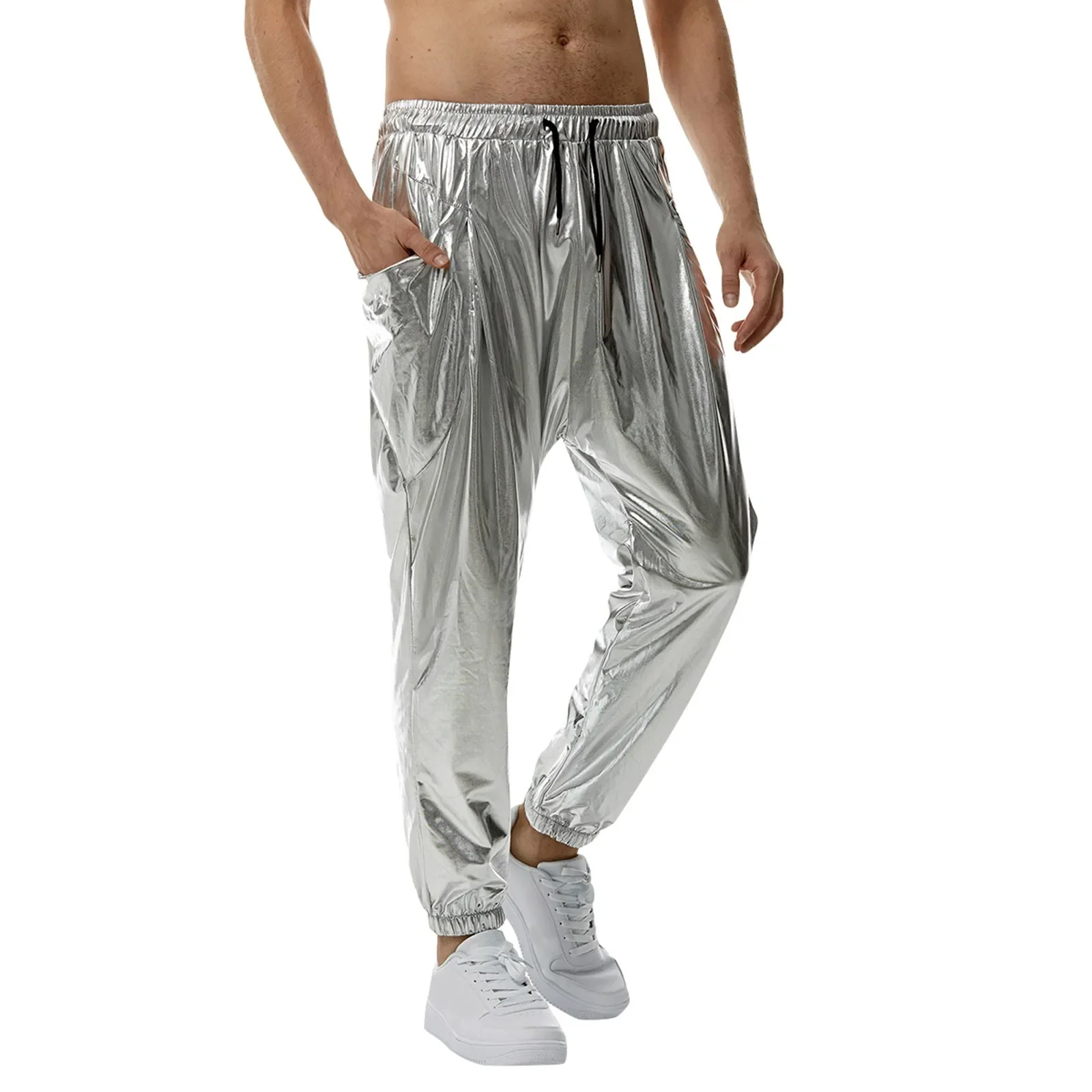 

Mens Shiny Silver Metallic Jogger Sweatpants Hip Hop Wet Look Trousers Men Club Party Festival Prom Streetwear Pantalones Hombre