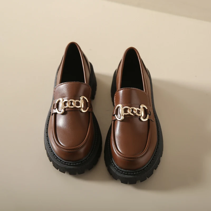 Chunky Loafers Women Genuine Cow Leather Platform Shoes Round Toe Metal Chain Slip on Ladies Flats Handmade 2023 2