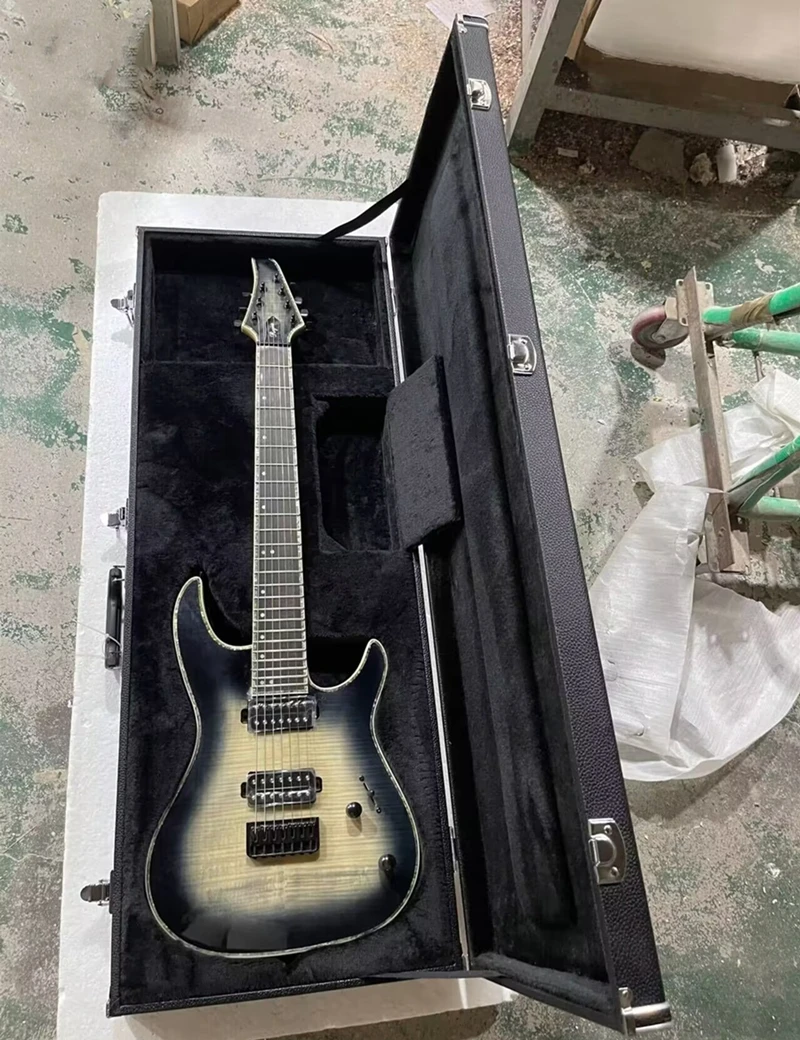 Flyoung 7 Strings Black Electric Guitar with Neck-Thru-Body,Offer Customize