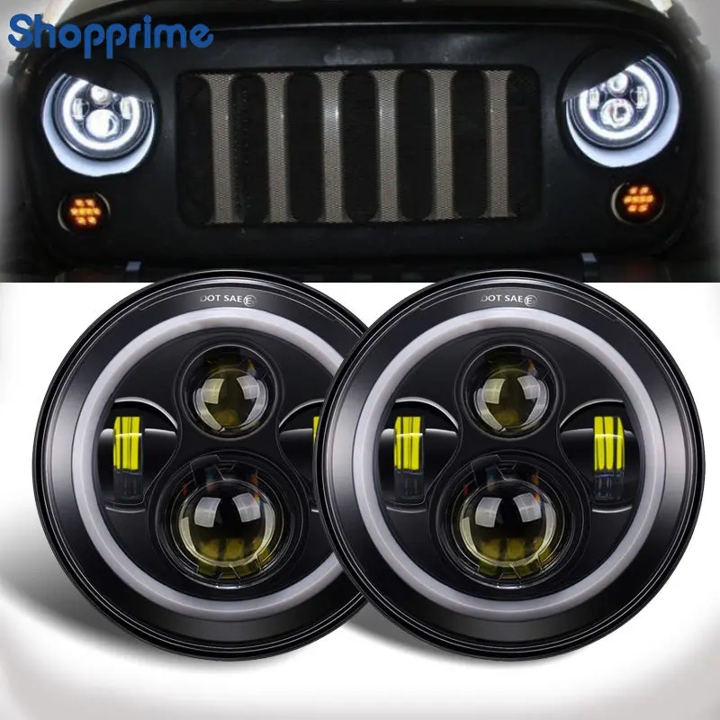 

2x 7" LED Headlights With Hi/Low Beam Light Halo Angle Eyes DRL Headlamp for Jeep Wrangler Unlimited JK