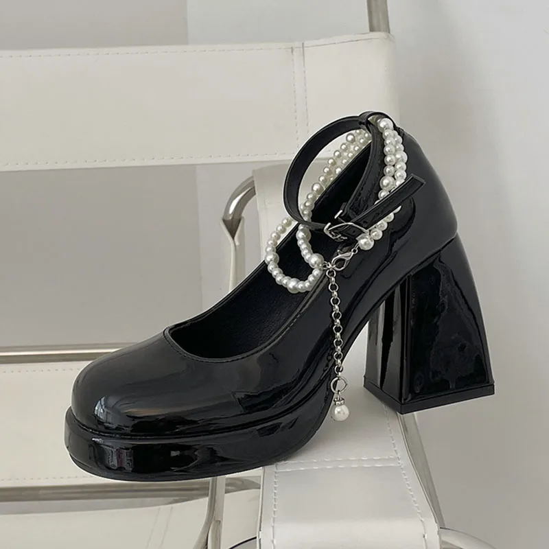 

Rimocy Patent Leather Pearl Strap Mary Janes Women 2024 Spring String Bead Super High Heels Pumps Woman Thick-Heeled Party Shoes