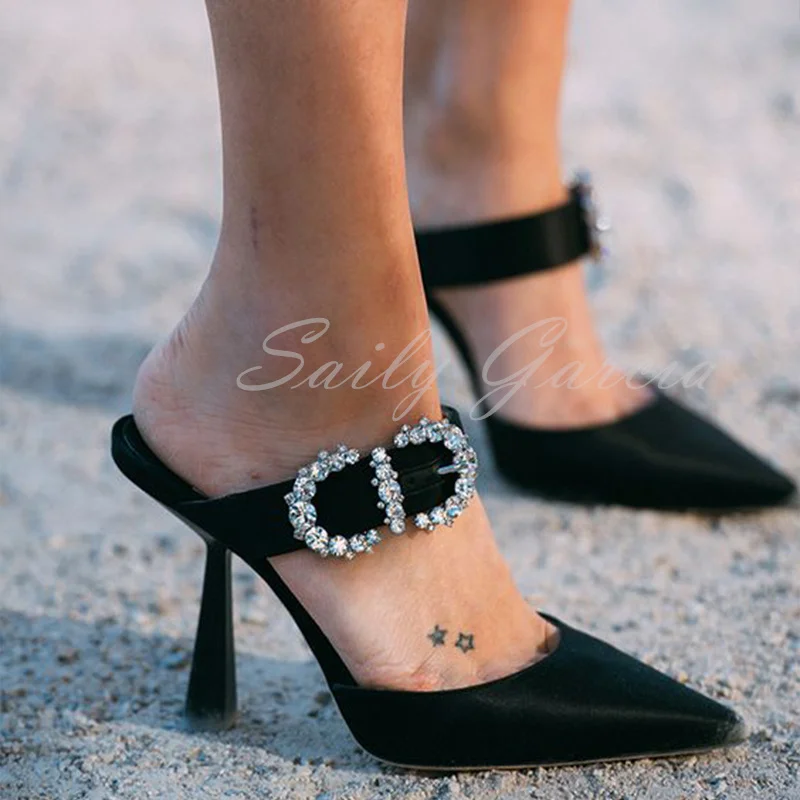 Luxury Satin Slippers Pointed Toe High Heels Women's Slippers Outside Party Shoes Elegant Black Summer Slip On Sexy Sandals